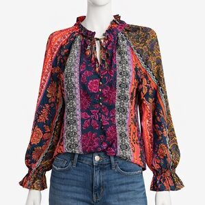 NWT Avara Arabella Abstract Print Floral Ruffle Button-Up Top